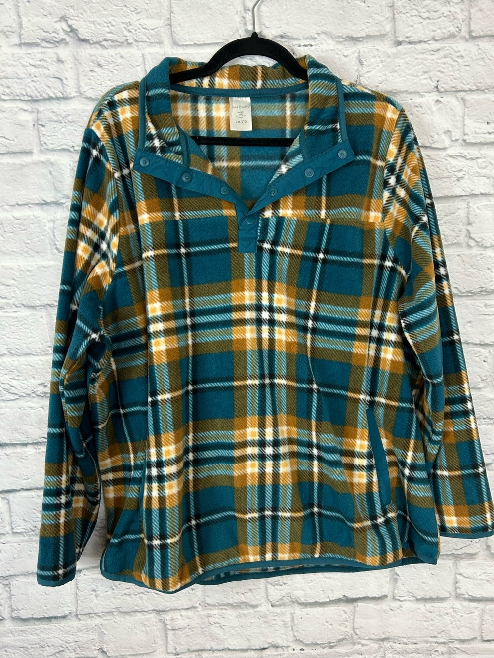 Vera Bradley 2X Fleece Pullover Plaid Teal Mustard Snap Neck Pocket Plus Size
